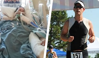 Side-by-side images of Jason at a hospital and Jason running in a triathlon
