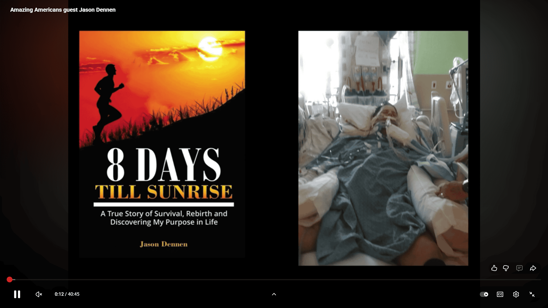 Side-by-side images of Jason Dennen’s book and Jason Dennen in a hospital